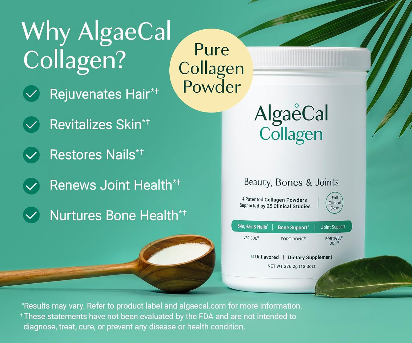 ALGAECAL Collagen: 4 Clinically-Supported Peptides VERISOL®, FORTIGEL®, UC-II®, FORTIBONE®, Anti-Aging Hydrolyzed Collagen Powder, 30 Servings, Made in USA