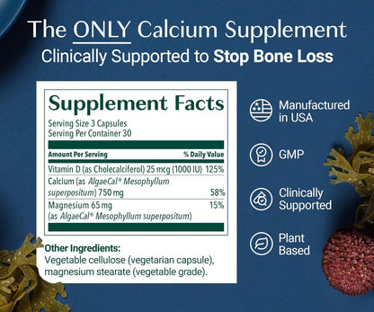 ALGAECAL- Plant Based Calcium Supplement with Vitamin D3 (1000 IU) for Bone Strength, Contains 13 Minerals Supporting Bone Health, Organic Calcium (750 mg) for Women & Men, 90 Veggie Caps, Made in USA
