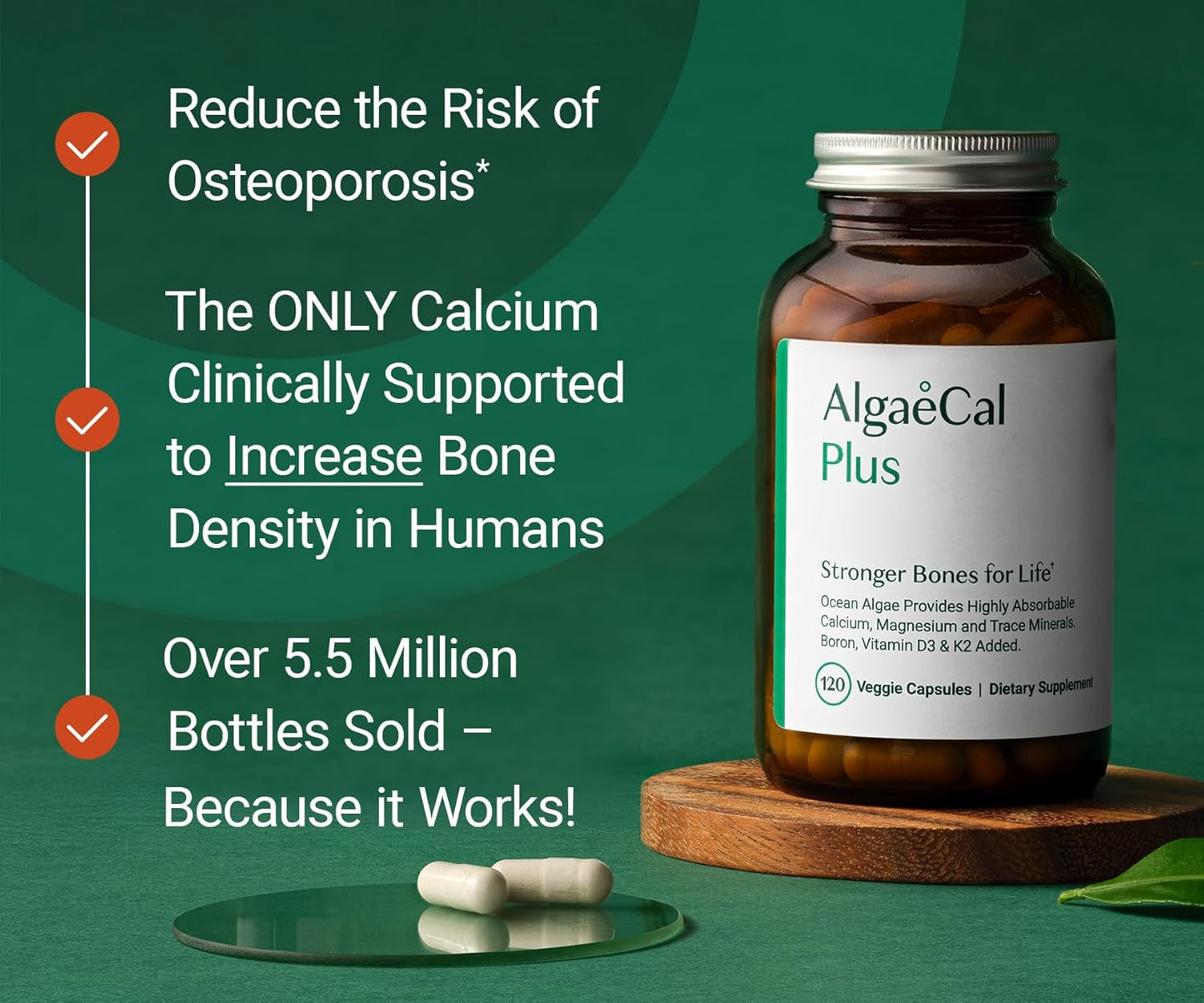 ALGAECAL Organic Red Algae Calcium Supplement for Bone Density, Vitamin K2 MK7 (100mg), Vitamin D3 (1600 IU), Magnesium (350mg) & Trace Minerals & Strength, Easy to Swallow, 120 Veggie Caps